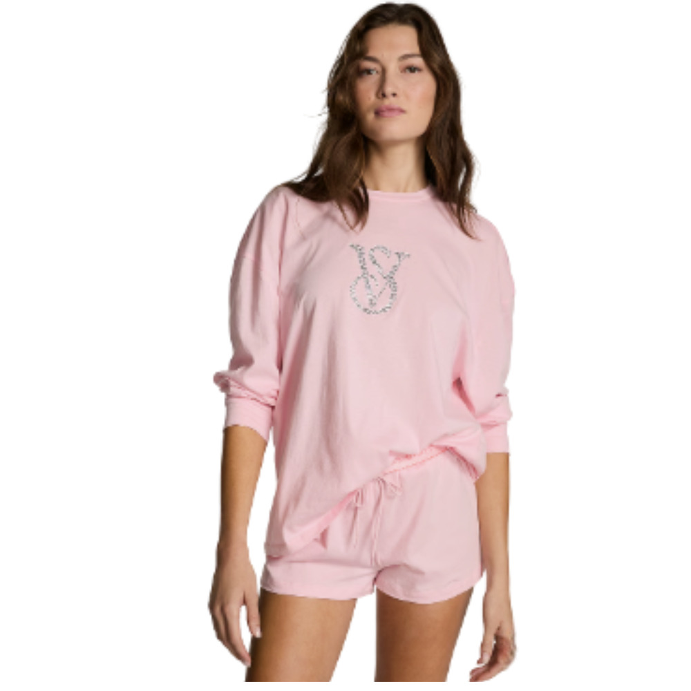 Victoria's‎ Secret Women's 100% Cotton Shine Long Sleeve Short Pink Pajama Set L